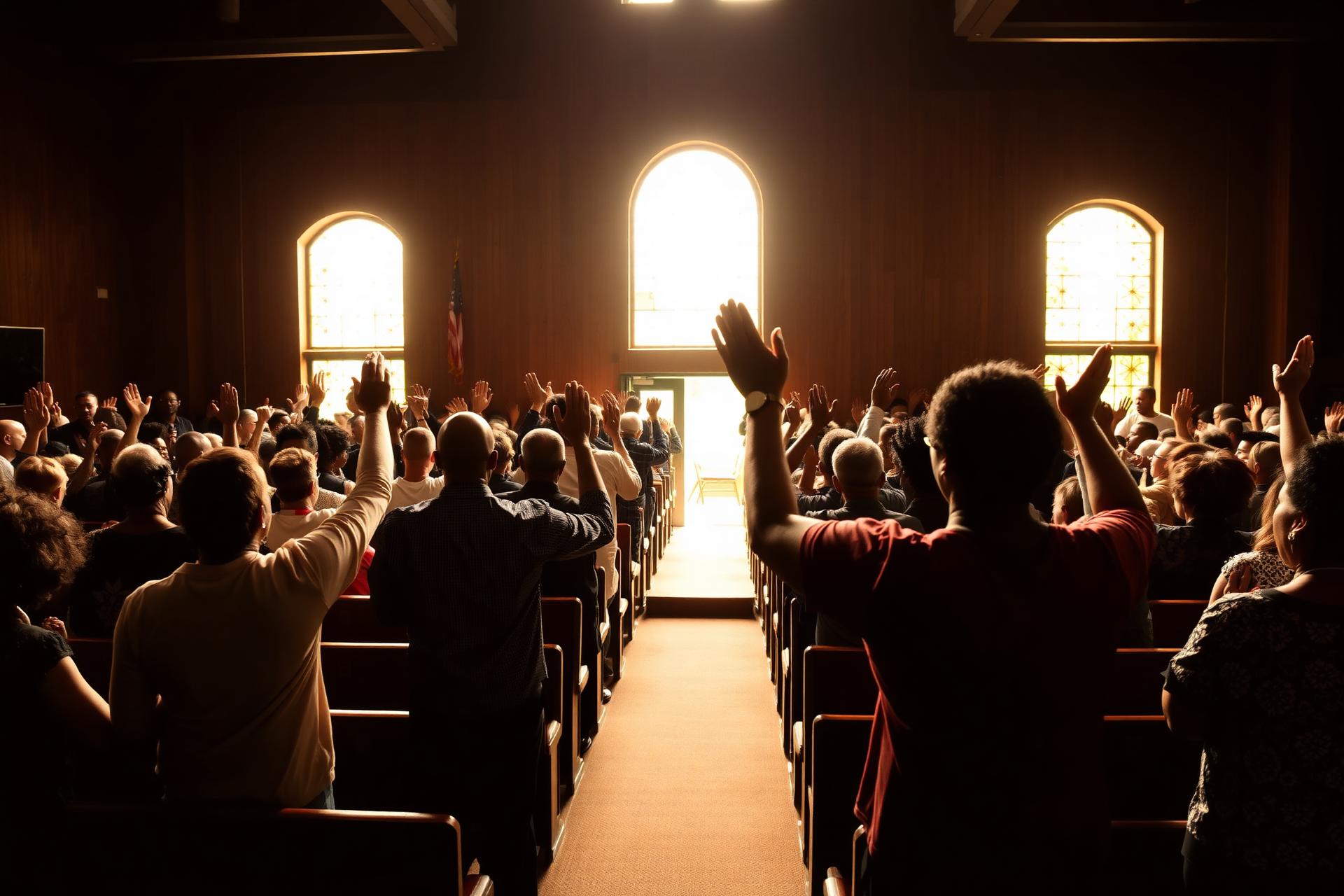 Congregation with hands raised in worship